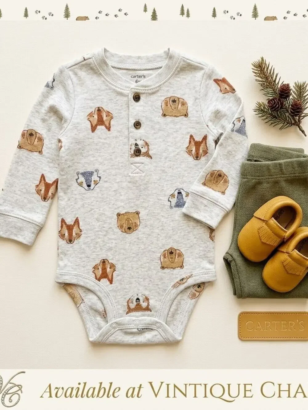 Carter's Baby Boy Henley Long-Sleeve Bodysuit – Size 6 Months (Woodland Animals)